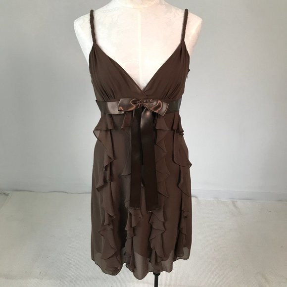 BCBGMaxAzria 6 Silk Ruffle Babydoll Dress Brown - Picture 9 of 9